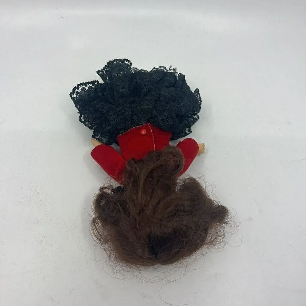 Vintage Spanish Dancer Girl Doll Light Brown Hair Red Black Lace‎ Ruffle Dress
